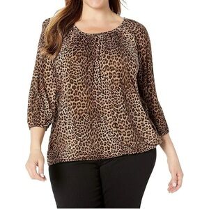 Michael Michael Kors Leopard Print Knit Top Blouse Sz 3X 3/4 Sleeve Scoop Neck